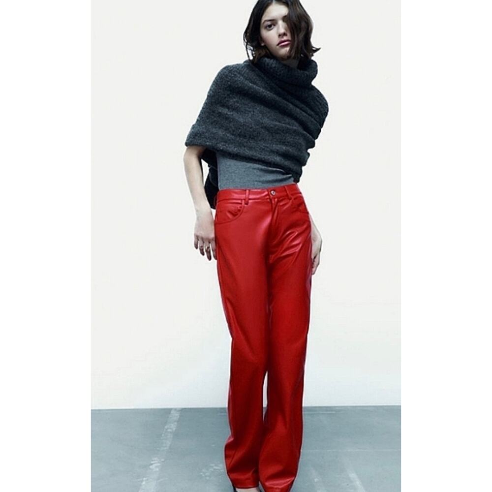 🧺 5 for $25 Sale Zara Red Faux Leather Pants Medium Straight Leg Moto Biker